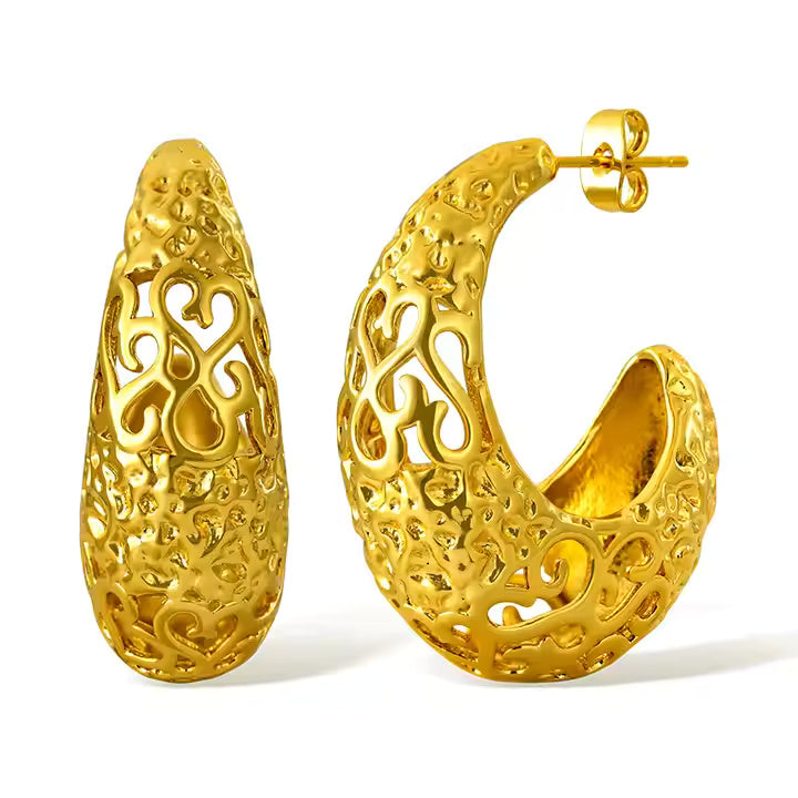 18k gold plated curved hoop earrings with intricate filigree pattern and ornate swirl cutout designs