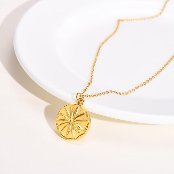 18k gold plated necklace with delicate chain and circular sunburst medallion pendant
