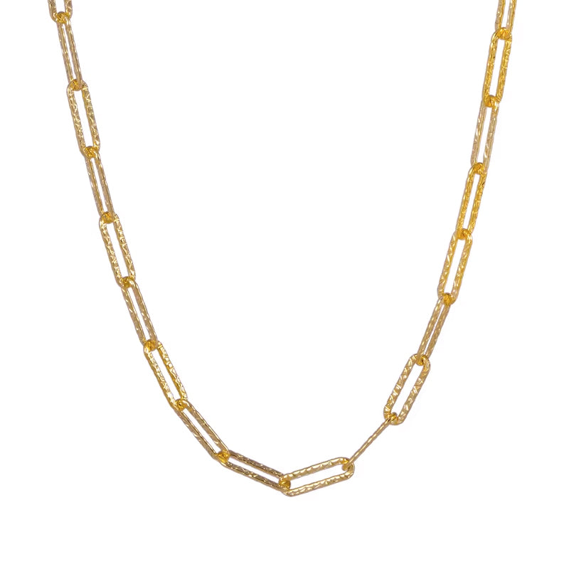 18k gold plated chain necklace with elongated rectangular links featuring a delicate hammered texture close up