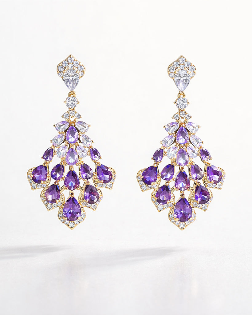 Amethyst cascade gold drop earrings with purple zirconia elegant women design