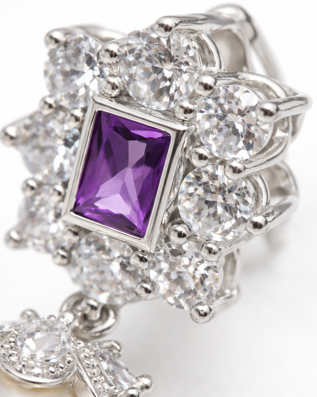 Amethyst square stud with cubic zirconia halo silver plated earring close-up