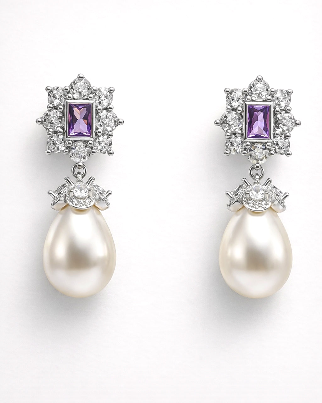 Amethyst pearl drop earrings with cubic zirconia halo silver plated front view