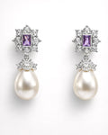 Amethyst pearl drop earrings with cubic zirconia halo silver plated front view