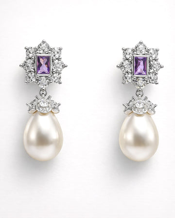 Amethyst pearl drop earrings with cubic zirconia halo silver plated front view