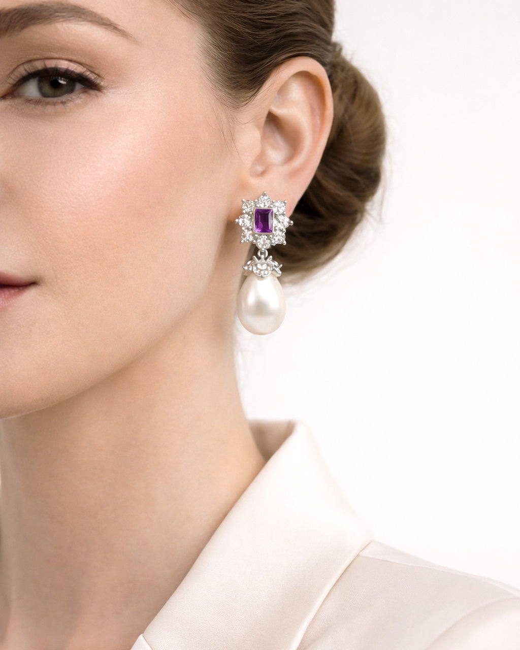 Amethyst pearl drop earrings with cubic zirconia halo silver plated front view