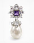 Amethyst pearl drop earring with cubic zirconia halo silver plated front