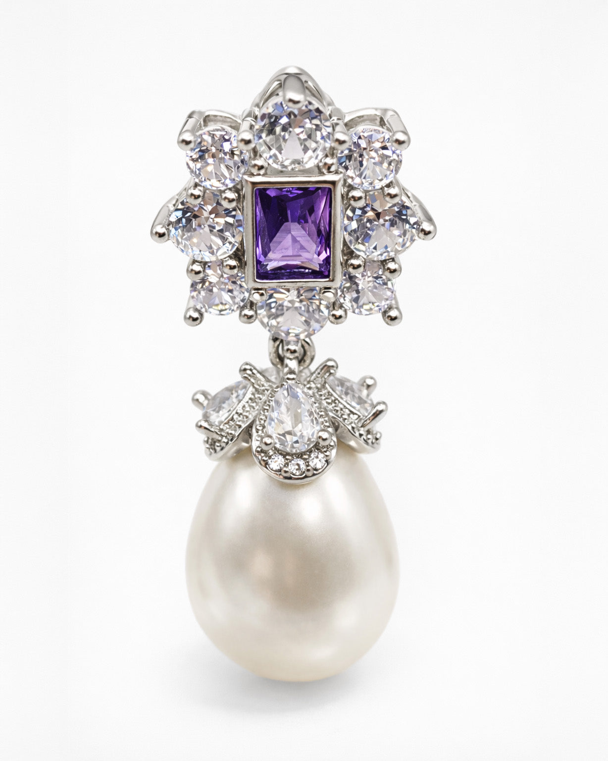 Amethyst pearl drop earring with cubic zirconia halo silver plated front
