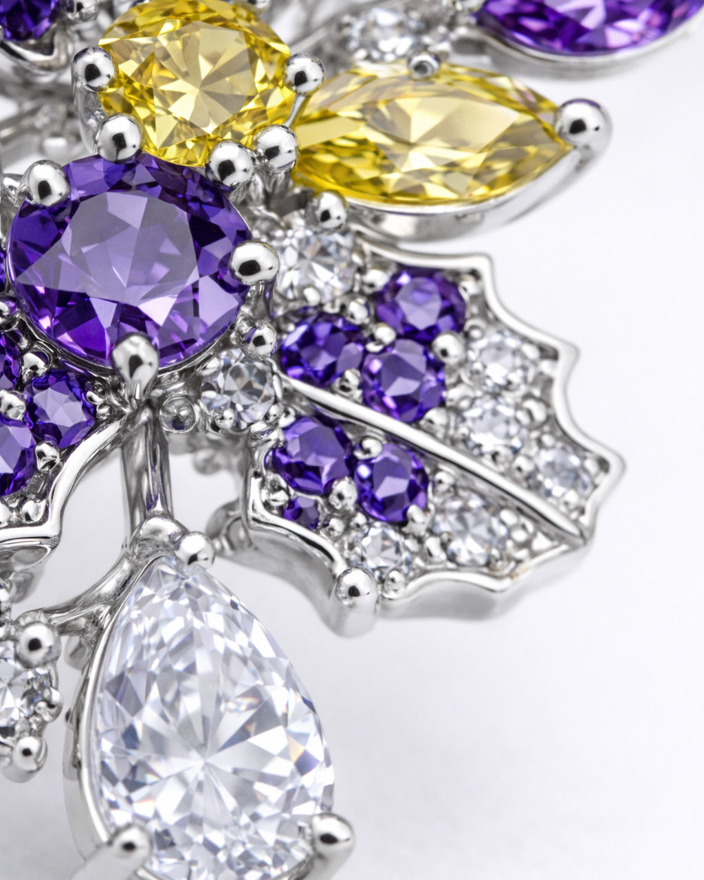 Amethyst floral drop earrings with cubic zirconia silver plated stone detail close up