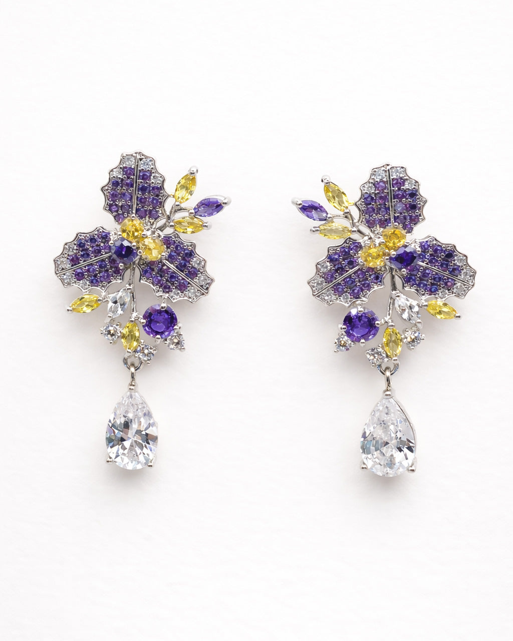 Amethyst floral drop earrings with cubic zirconia and silver plated finish pair