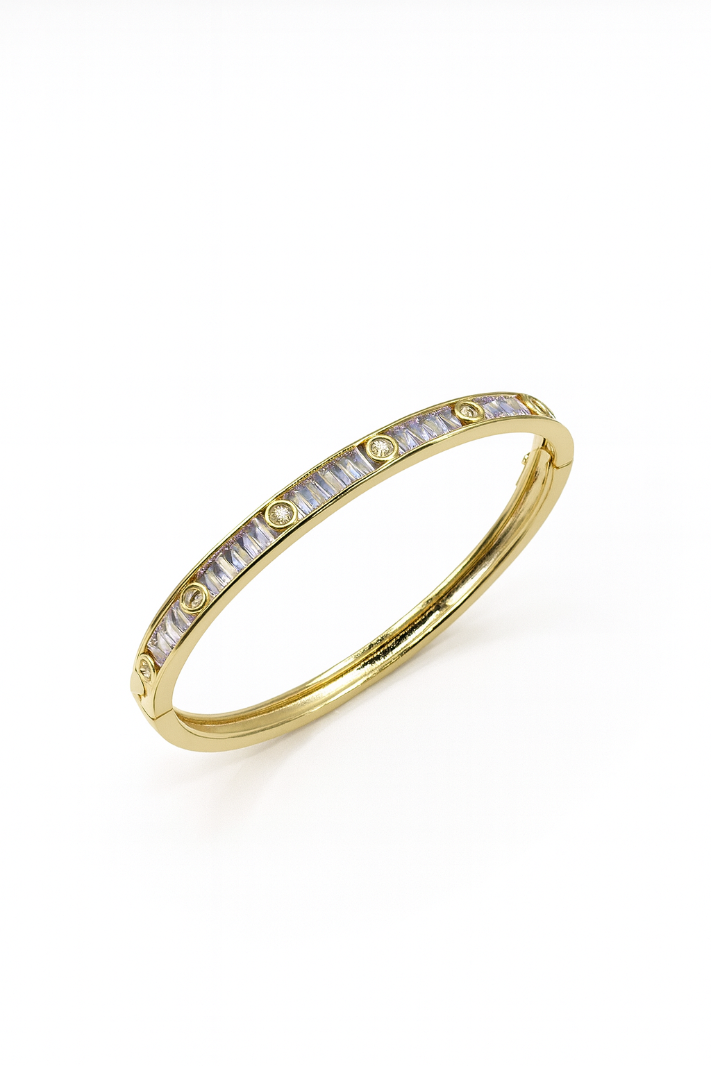 Artemis Crystal Bangle – 18K gold-plated brass bracelet with baguette and round crystal detailing, elegant slim bangle design