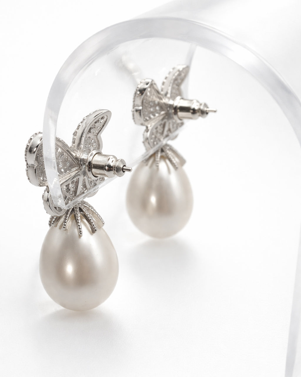 Butterfly pearl drop earrings silver plated cubic zirconia back view stud detail