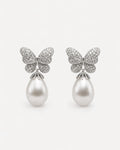 Butterfly pearl drop earrings silver plated with cubic zirconia front view pair
