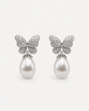 Butterfly pearl drop earrings silver plated with cubic zirconia front view pair