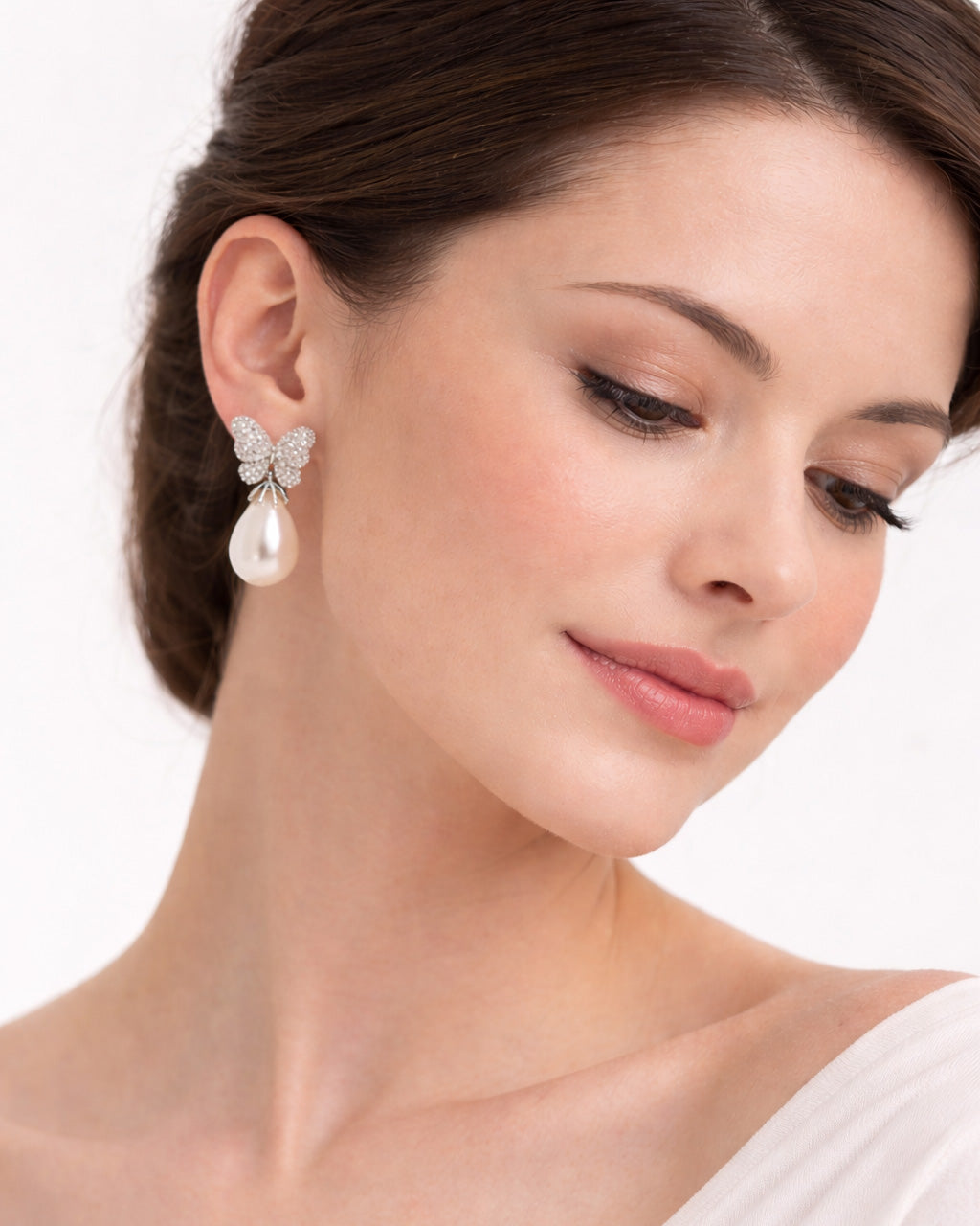 Butterfly pearl drop earrings silver plated cubic zirconia back view stud detail