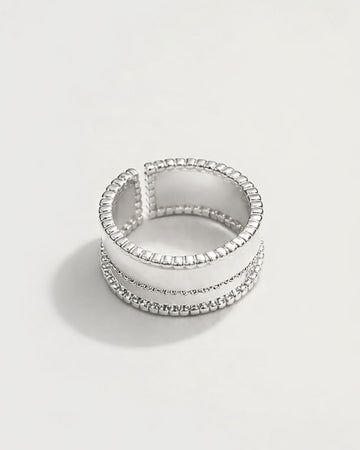 Silver-plated adjustable band ring with layered texture, minimalist stackable jewelry style