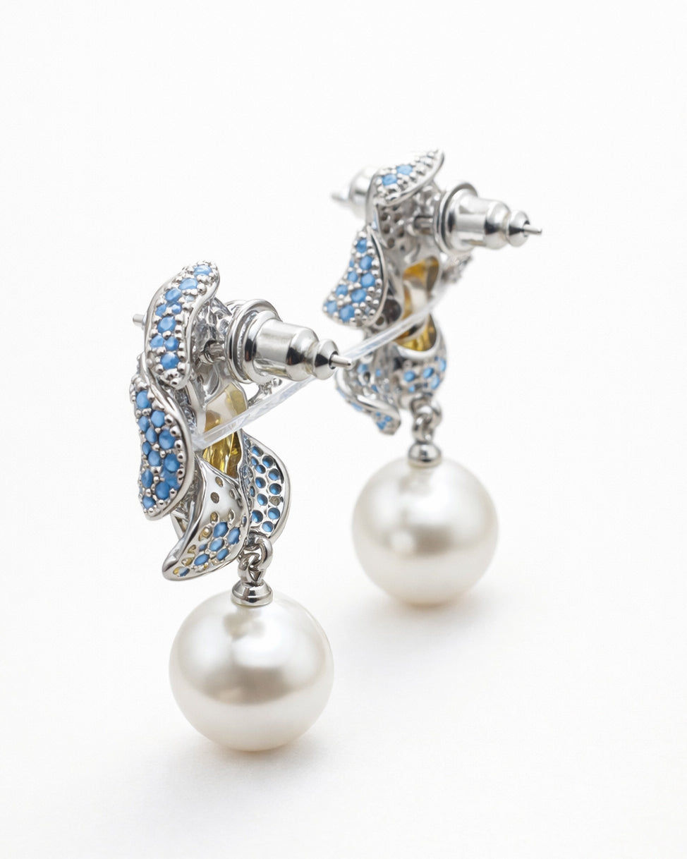 Pearl drop earrings silver plated multicolor cubic zirconia back view detail
