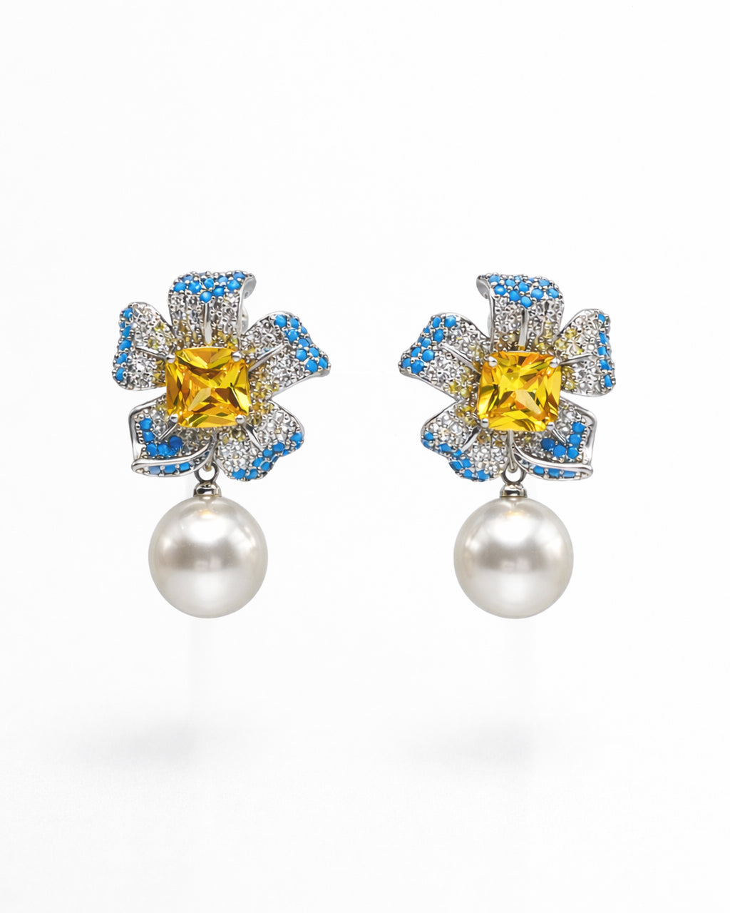 Aurora Bloom pearl drop earrings silver plated multicolor cubic zirconia floral