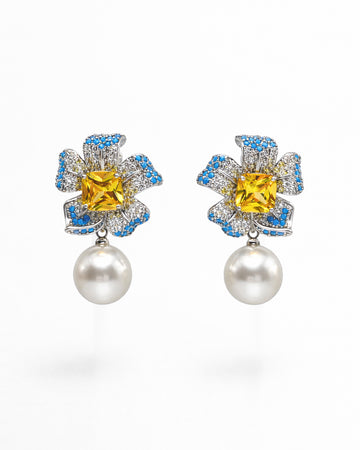 Aurora Bloom pearl drop earrings silver plated multicolor cubic zirconia floral