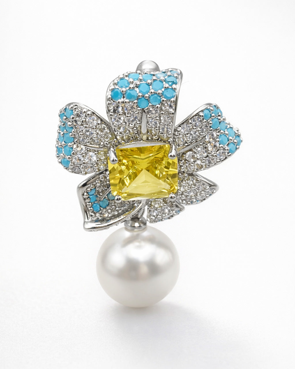 Aurora Bloom pearl drop earring silver plated with multicolor cubic zirconia floral design
