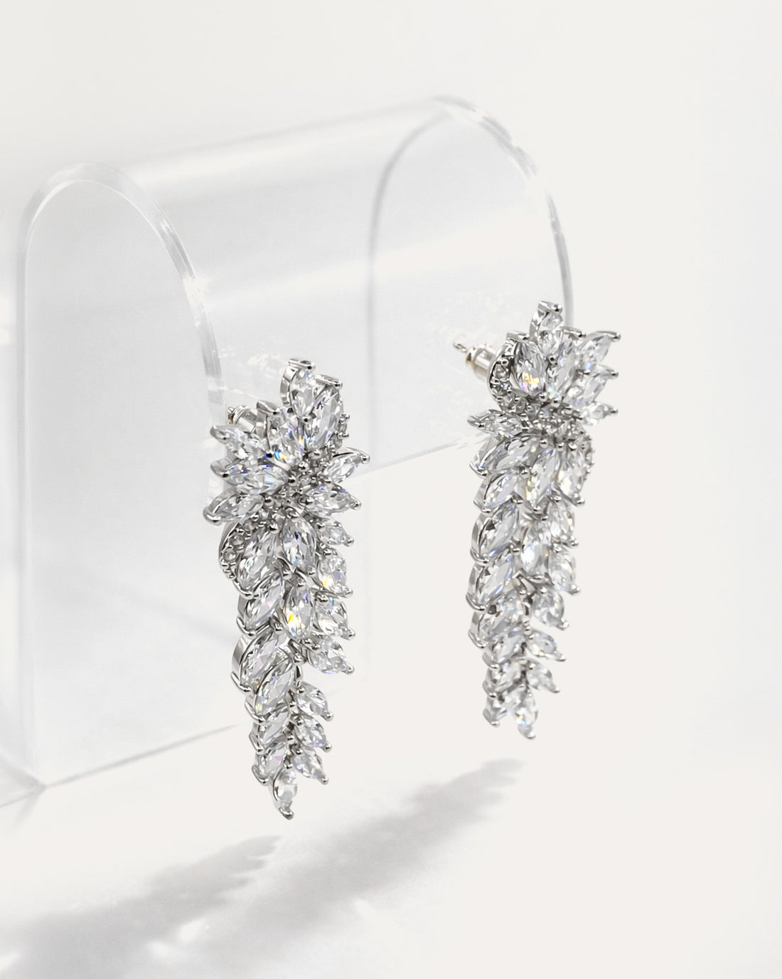 Marquise zirconia leaf drop earrings, rhodium-plated silver tone