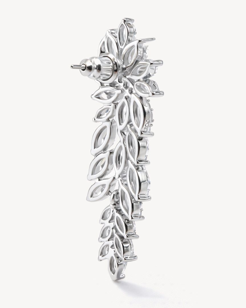 Back view marquise leaf drop earrings, rhodium-plated brass