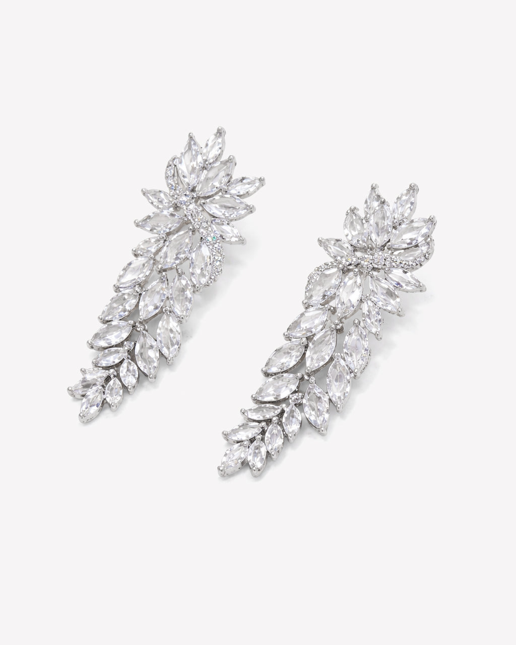 Marquise zirconia leaf drop earrings, rhodium-plated brass pair