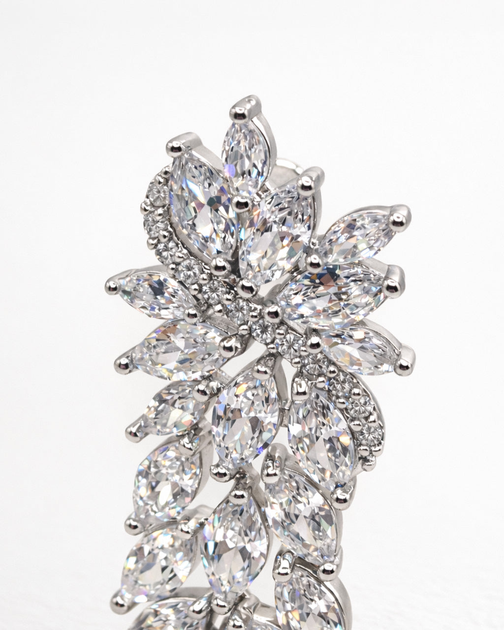 Marquise zirconia leaf drop earrings, rhodium-plated brass