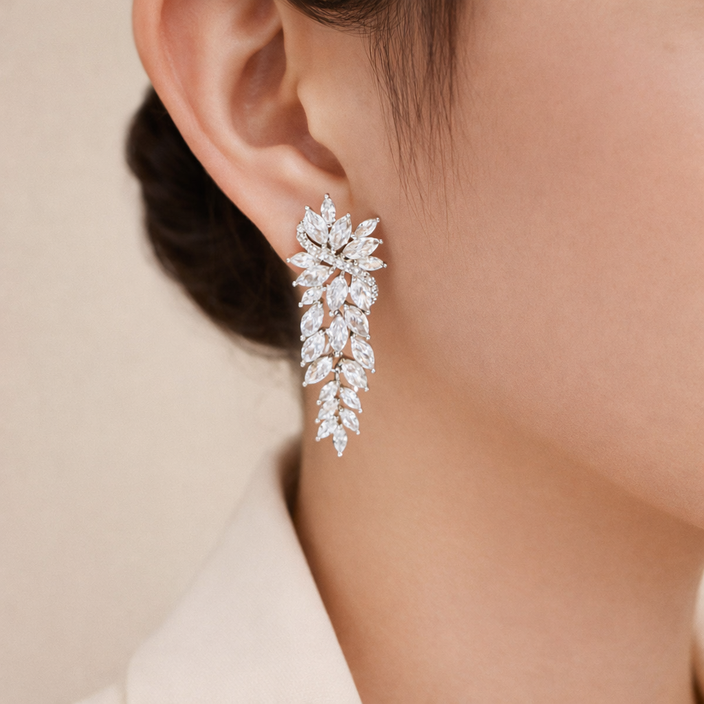 Marquise zirconia leaf drop earrings, rhodium-plated silver tone