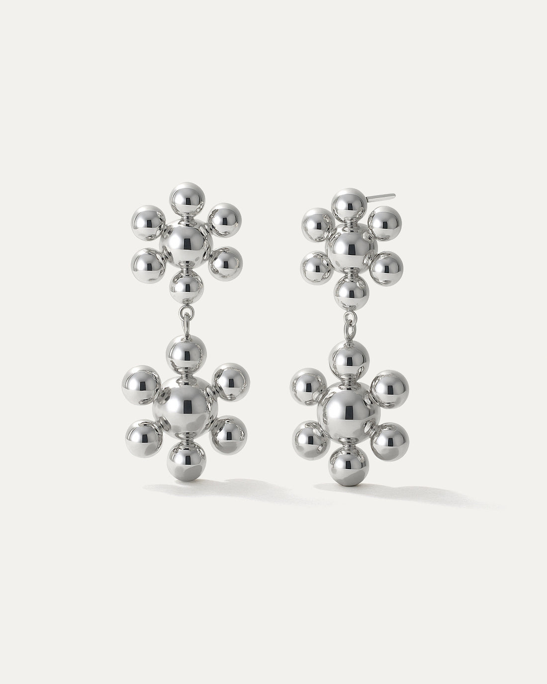 Silver floral drop earrings with double blossom cluster made of polished spheres, sculptural statement style by Jadejuri