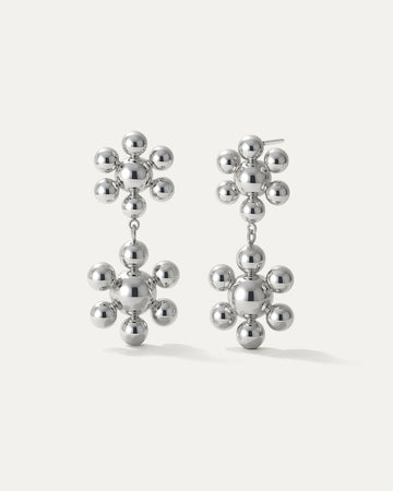 Silver floral drop earrings with double blossom cluster made of polished spheres, sculptural statement style by Jadejuri