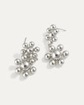 Silver floral drop earrings with double blossom cluster made of polished spheres, sculptural statement style by Jadejuri