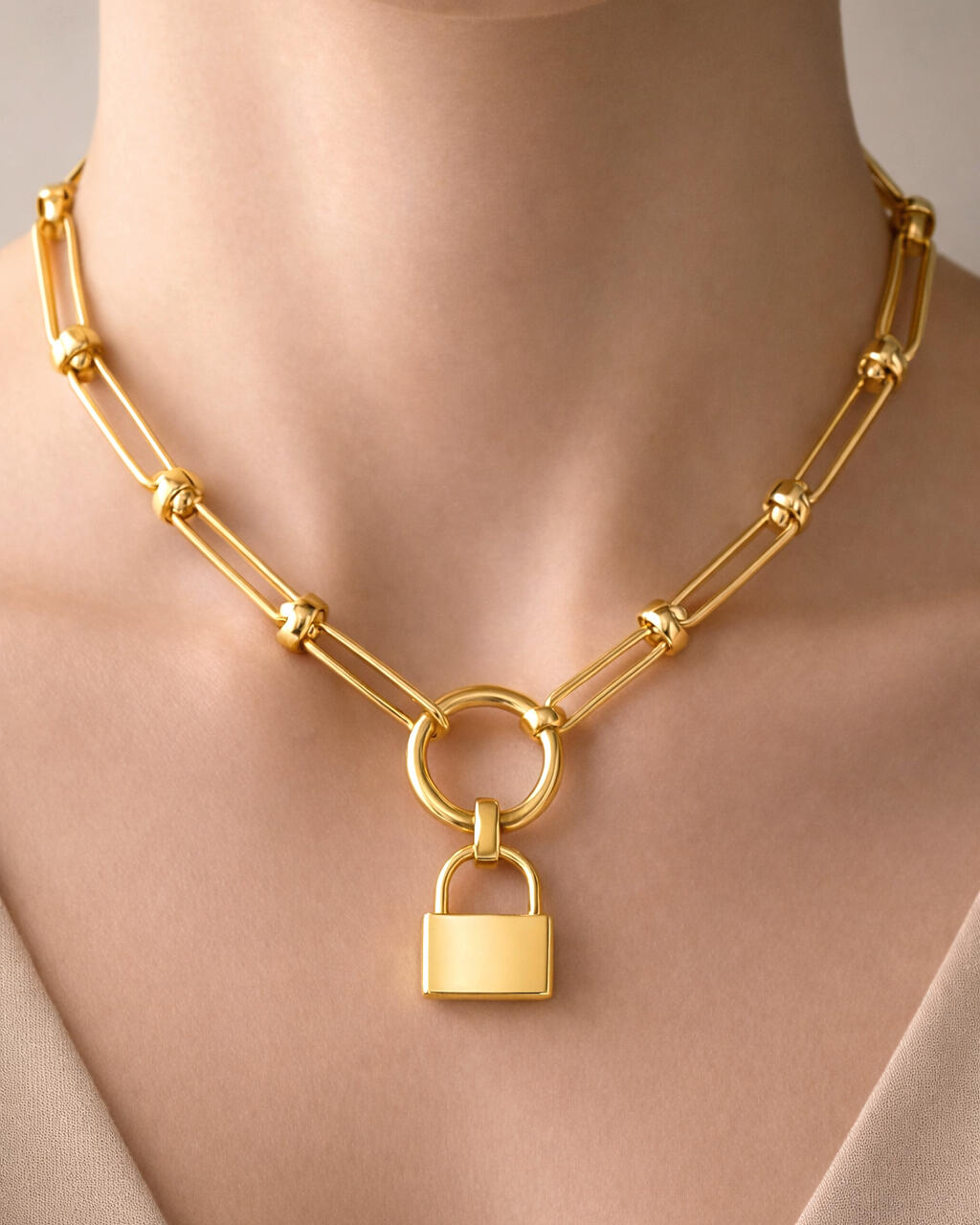 18K gold-plated lock pendant necklace on model, minimalist bold chain jewelry