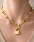 18K gold-plated lock pendant necklace on model, minimalist bold chain jewelry
