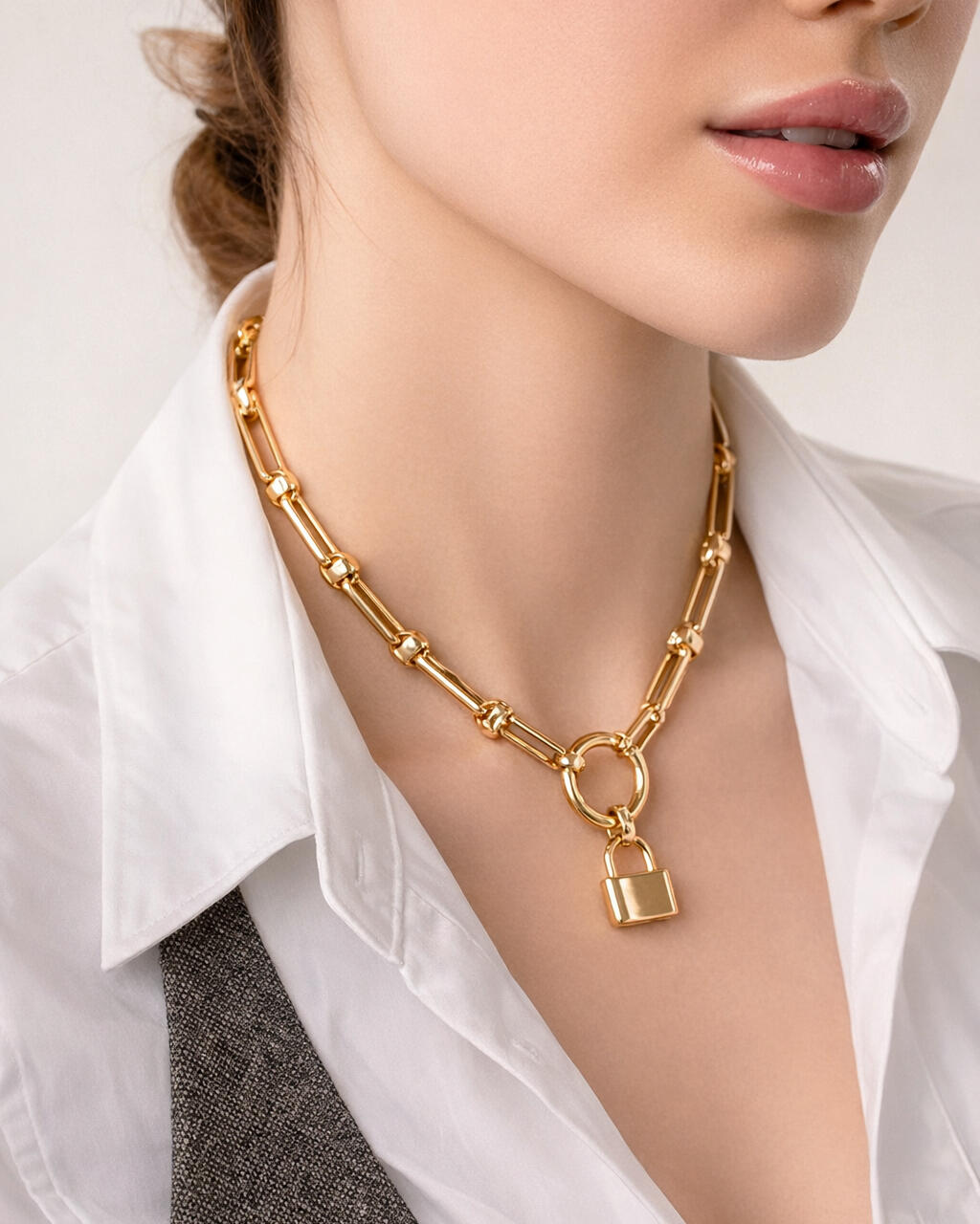 18K gold-plated lock pendant necklace on model, minimalist bold chain jewelry