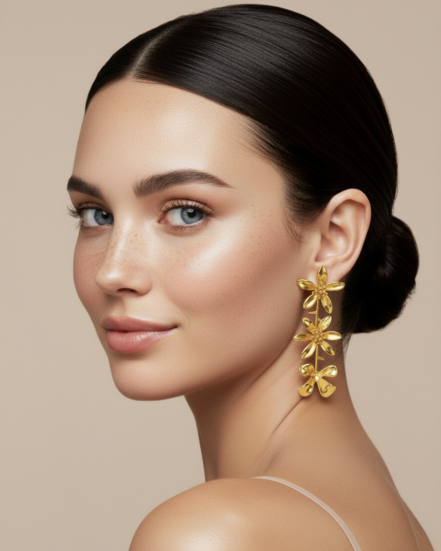 Gold-plated cascading flower drop earrings featuring three dimensional daisy designs stacked vertically, measuring 79mm in length with delicate petal details