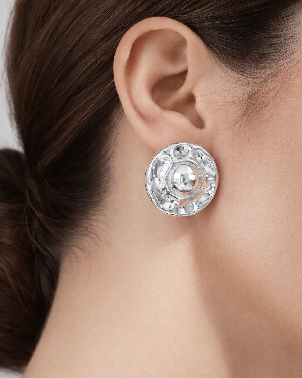 Sterling silver dome stud earrings with sculptural celestial design, Jadejuri Jewelry.