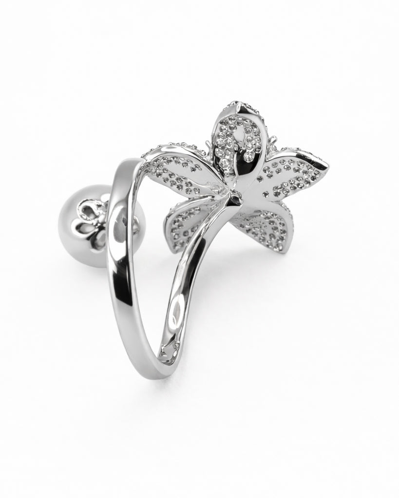 Silver floral open ring with zirconia accents, silver-plated band