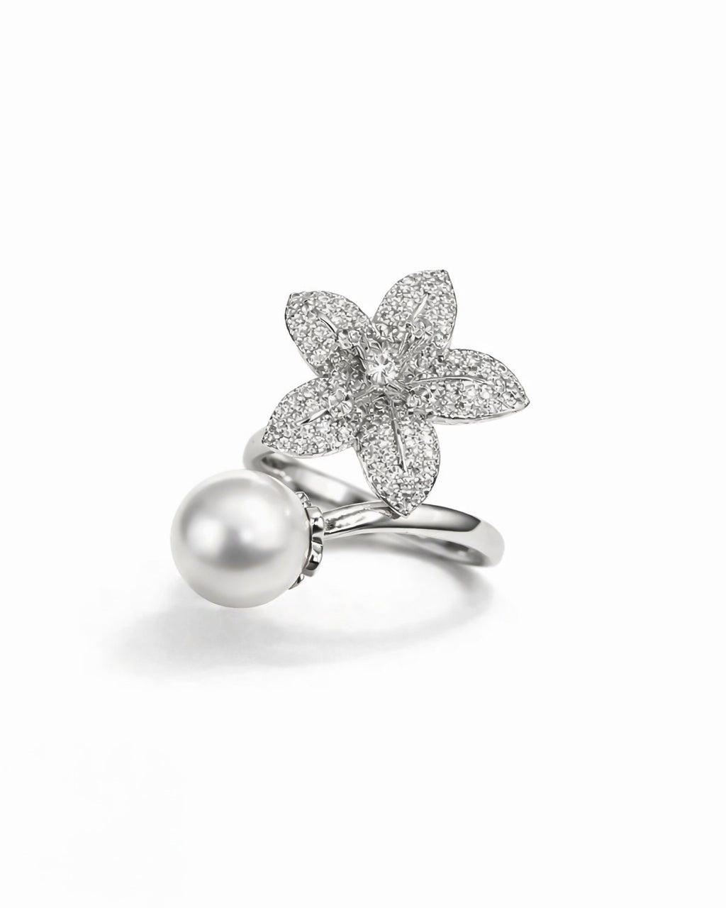 Silver pearl blossom open ring with zirconia, silver-plated brass