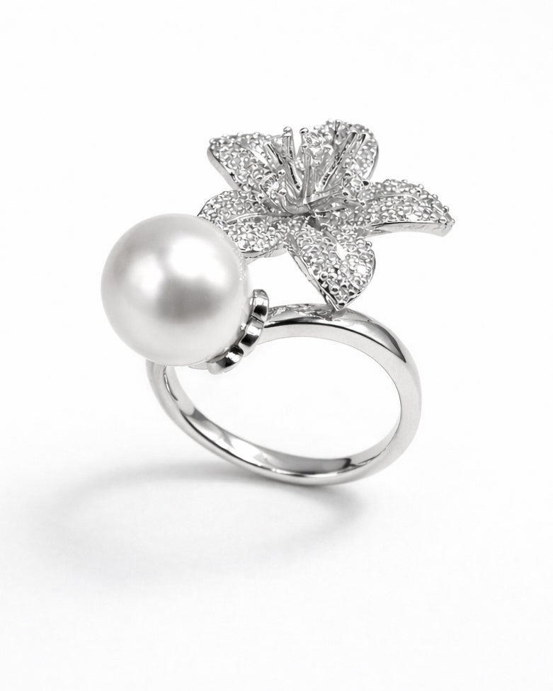Silver pearl flower open ring with zirconia, silver-plated brass