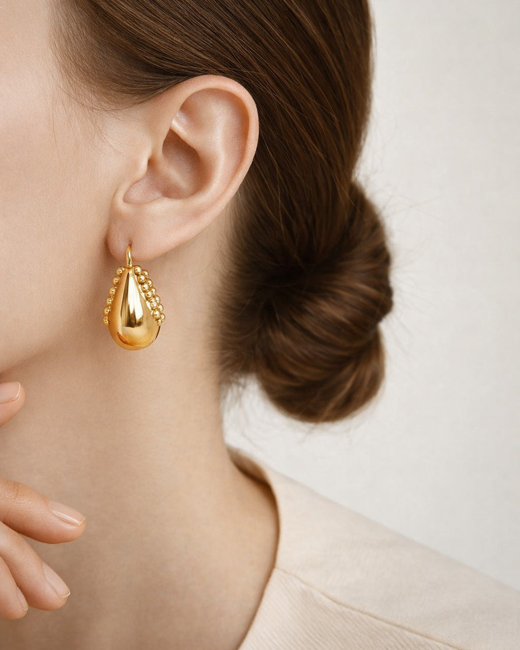 18K gold-plated beaded hoop earrings minimalist women's jewelry studio shot