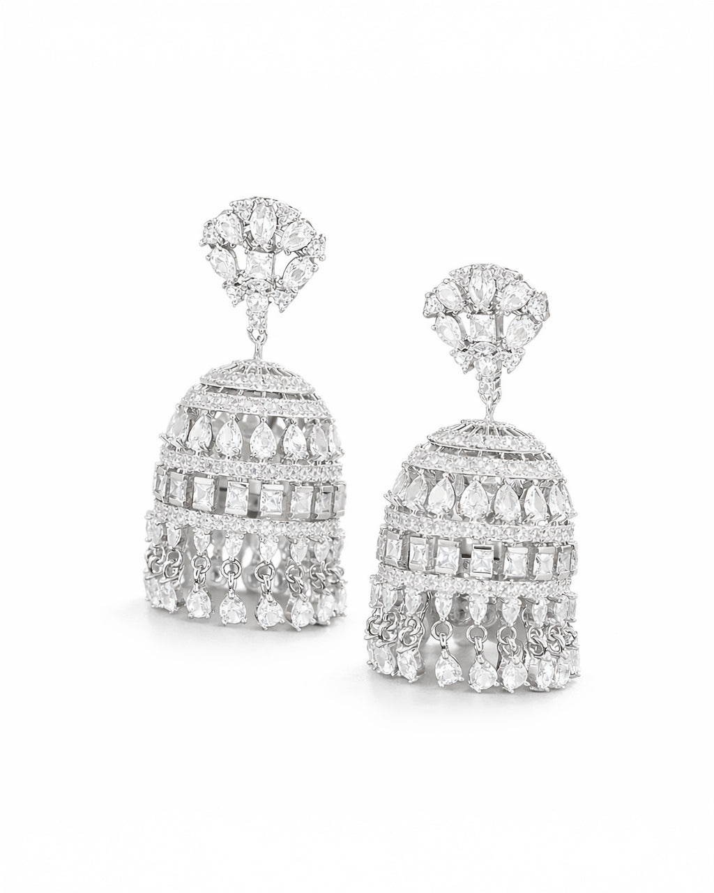 Crystal bell tassel earrings with cubic zirconia, silver statement drop design