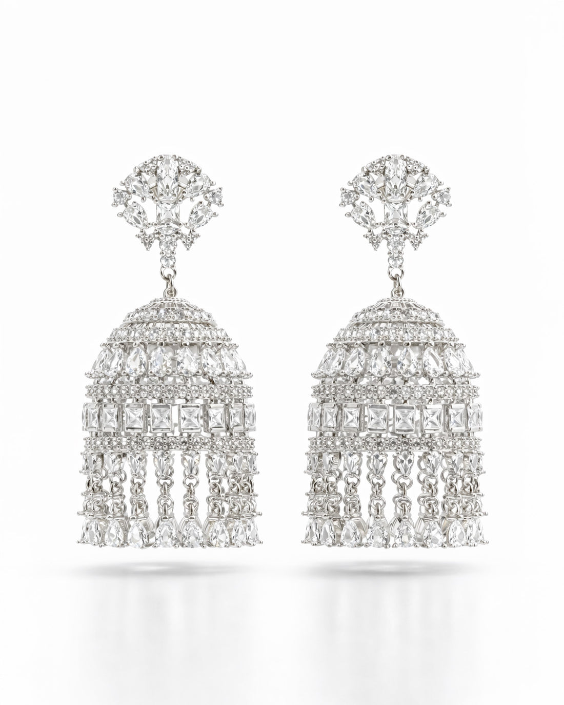 Crystal bell tassel earrings with cubic zirconia in a long drop statement design