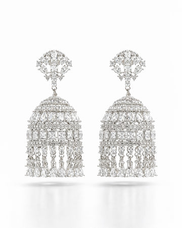 Crystal bell tassel earrings with cubic zirconia in a long drop statement design