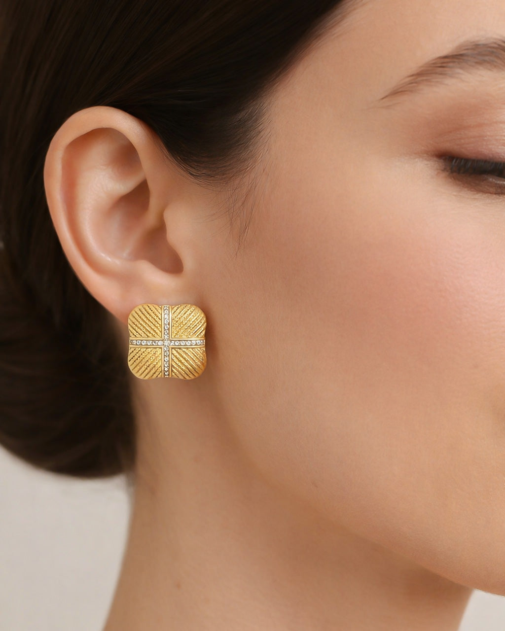 18K gold-plated square stud earrings with crystal cross, minimalist luxury jewelry