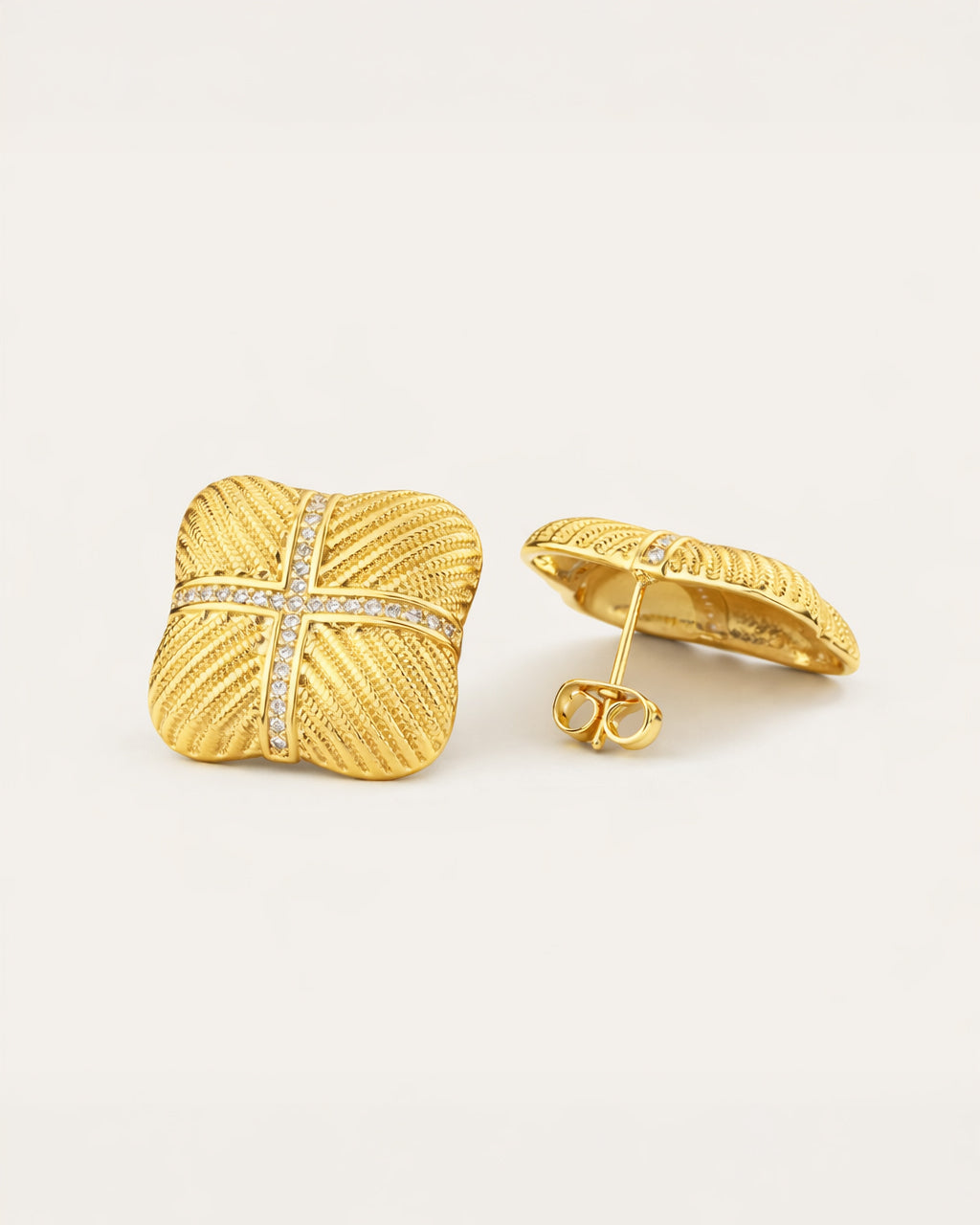 Crystal cross square stud earrings in 18K gold-plated finish with textured detail
