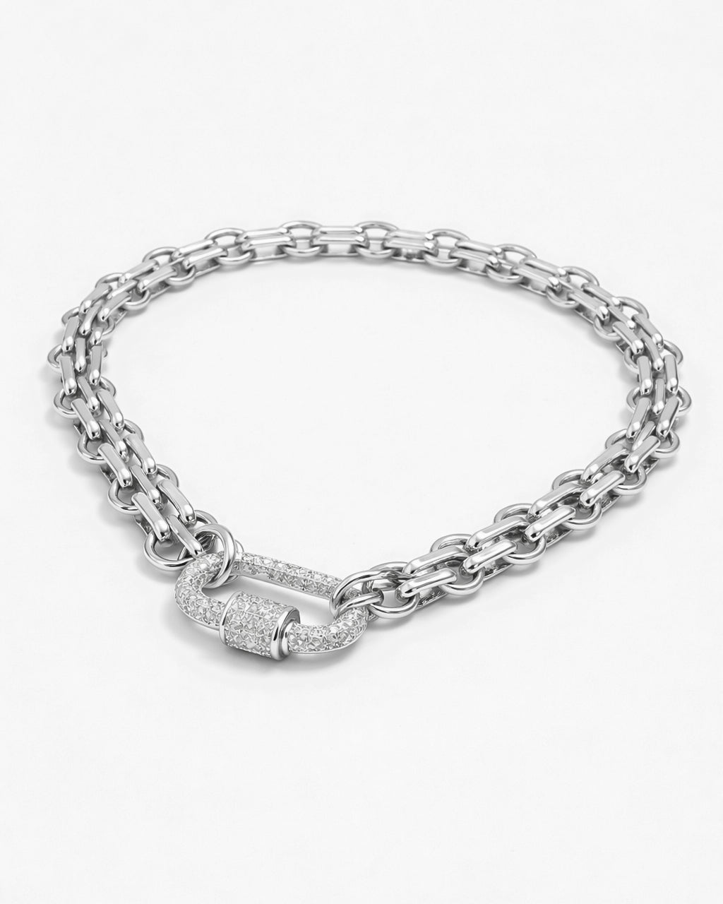Silver-plated crystal shackle chain necklace worn by model, modern women's jewelry