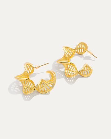 Gold earrings with a DNA double helix design on a white background