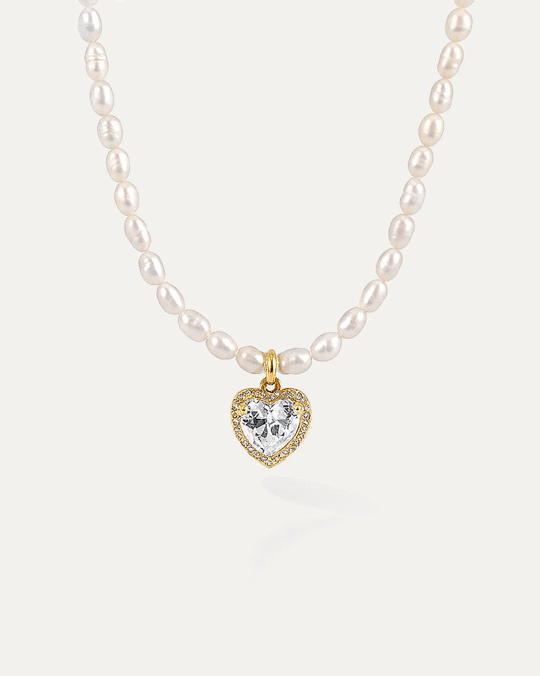 Diamond Heart Pendant Pearl Necklace