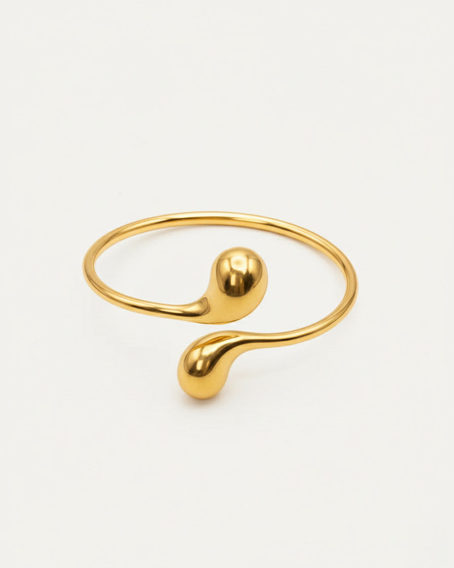 18K gold-plated open cuff bracelet with sculptural double drop design, minimalist adjustable statement bracelet for women