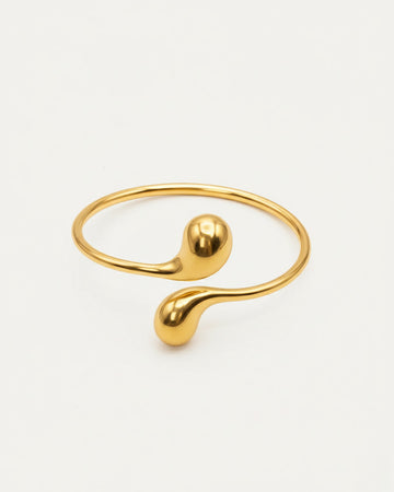 18K gold-plated open cuff bracelet with sculptural double drop design, minimalist adjustable statement bracelet for women